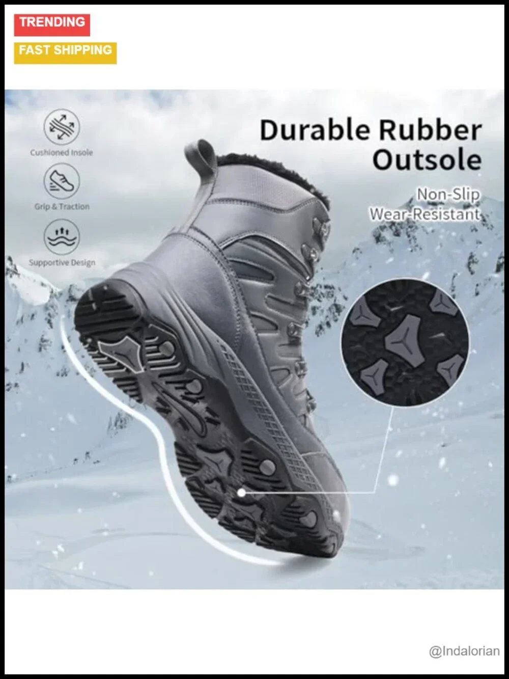 Waterproof Mid Calf Winter Snow Boots Men Fur Lined Non-Slip Hiking
